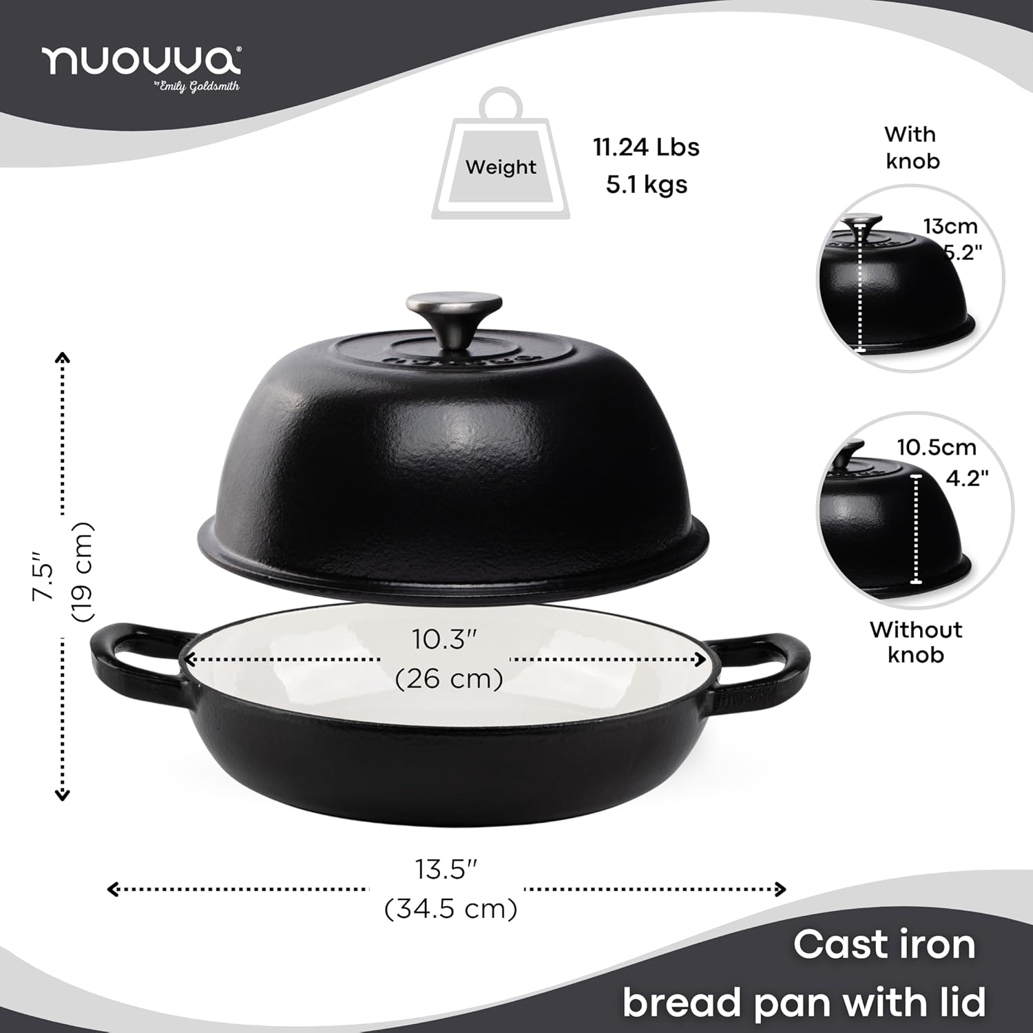Enamelled Cast Iron Dutch Oven Pot – Dutch Oven For Sourdough Bread Baking – Cast Iron Bread Pot – Black, 6 Quarts, 22cm – by Nuovva