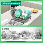 Dish Drying Rack, Space-Saving Dish Rack, Dish Racks for Kitchen Counter, Kitchen Dish Drainers with Removable Utensil Holder,Plate Rack and Drainboard, 11''W x 15''L, Gray