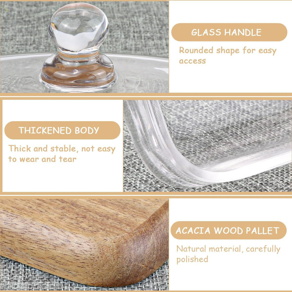 Glass Butter Dish with Lid Clear Glass Butter Keeper Container for Butter, Cream Cheese, and Dessert Cake（Acacia）