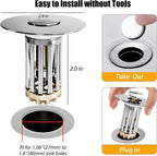 Bathroom Sink Drain Strainer, 2PCS 3 in 1 Pop Up Bathroom Sink Stopper with Removable Brass Basket Hair Catcher, Universal Sink Plug for 1.06 to 1.6in Drain Hole, Chrome Silver