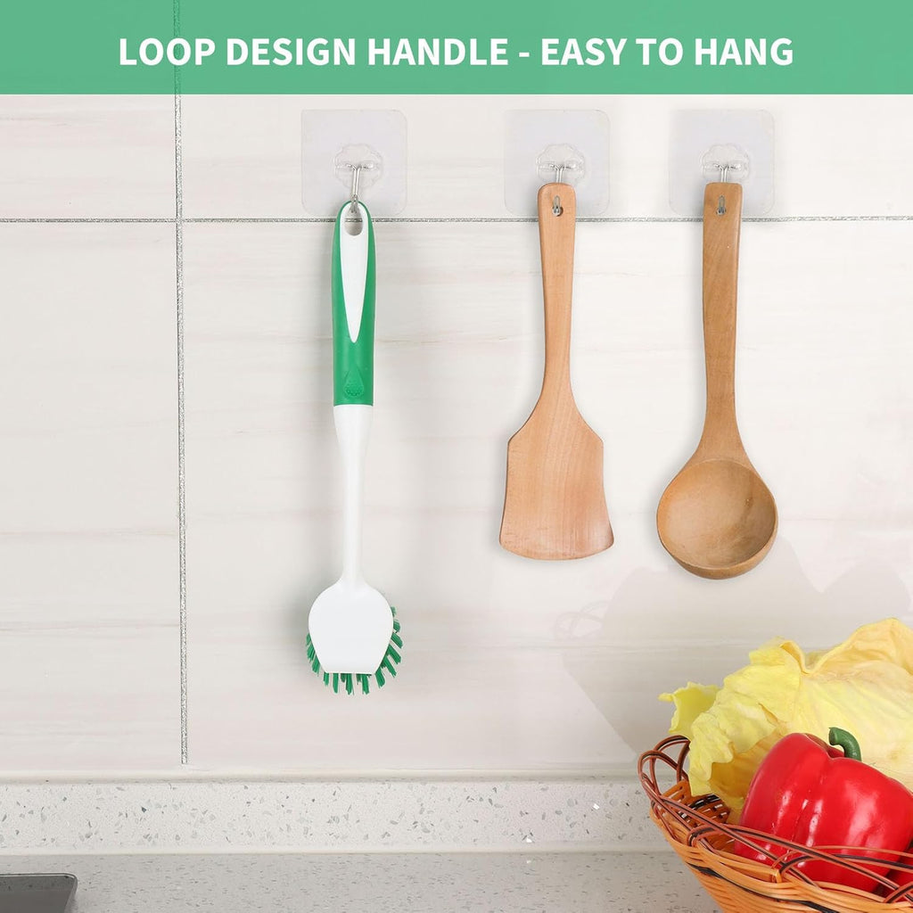 Dish Brush with Handle, 2 Pack Scrub Brushes with Built-in Scraper for Cleaning Kitchen, Pots, Pans and Sink, Scrubber Washing Tools, Green