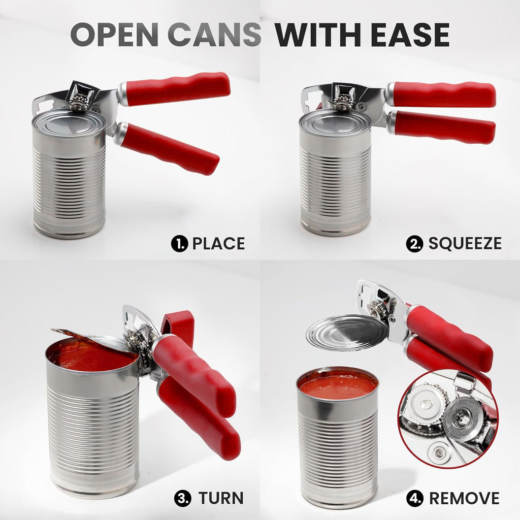 Zulay Kitchen Heavy Duty Stainless Steel Can Opener Manual with Bottle Opener - Rust Proof Manual Can Opener With Turn Knob & Comfy Soft Grip Handles - Cherry Red
