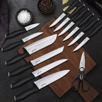 Kuisine Kitchen Knife Set,High Carbon Stainless Steel Ultra Sharp Blade Ergonomic Handle,Knife Set with Block Built-in Sharpener(15PCS,Black)