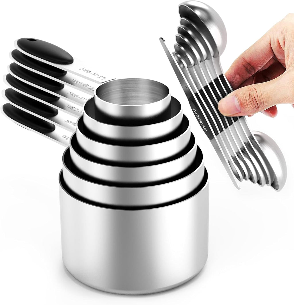 TILUCK measuring cups and magnetic measuring spoons set, stainless steel measuring cups, 6 double-sided stainless steel measuring spoons & 1 leveler (6+7)