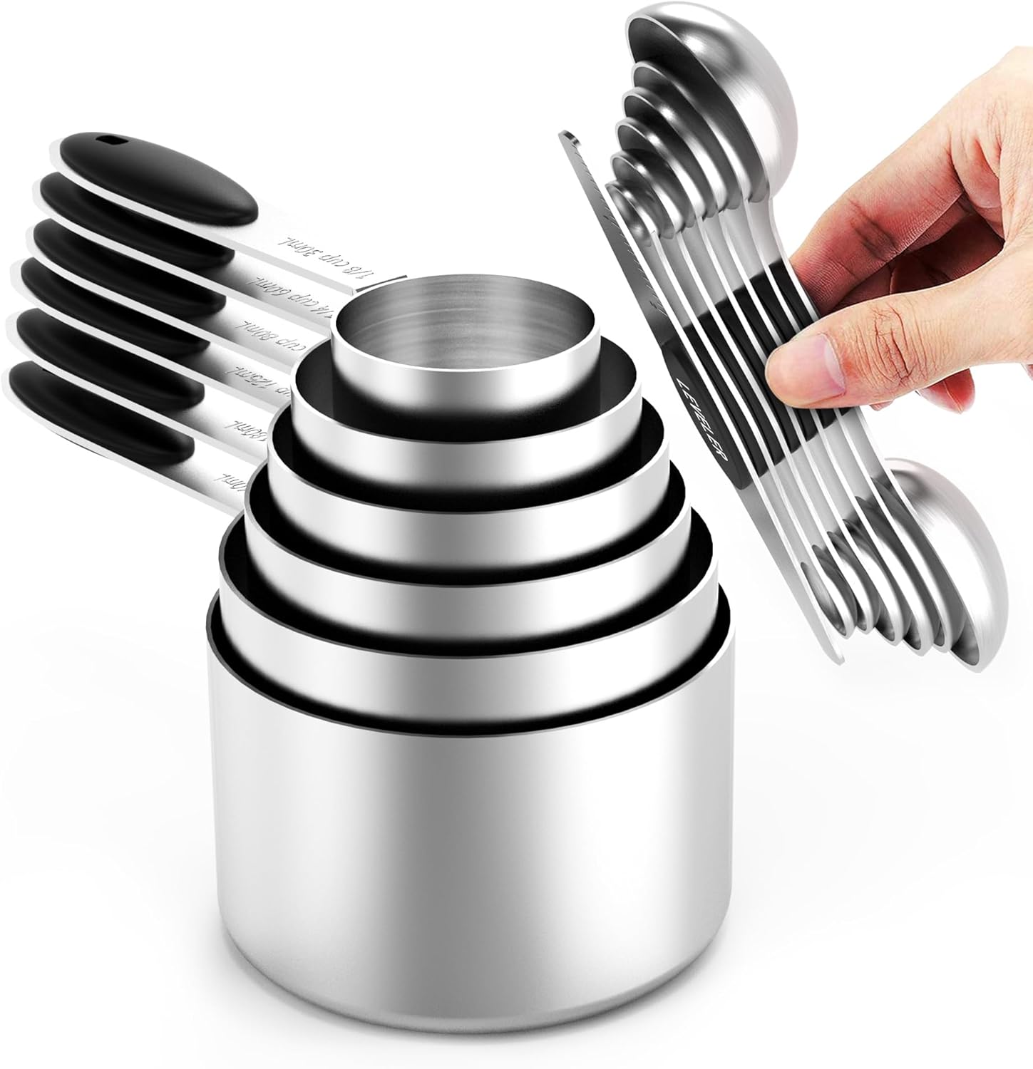 TILUCK measuring cups and magnetic measuring spoons set, stainless steel measuring cups, 6 double-sided stainless steel measuring spoons & 1 leveler (6+7)