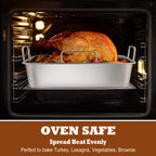 P&P CHEF 14" Roaster Roasting Pan with Baking Rack and V-shaped Rack, Stainless Steel Rectangular Lasagna Pan with Handles for Turkey Chicken, Healthy & Dishwasher Safe, 3 Pieces, Silver