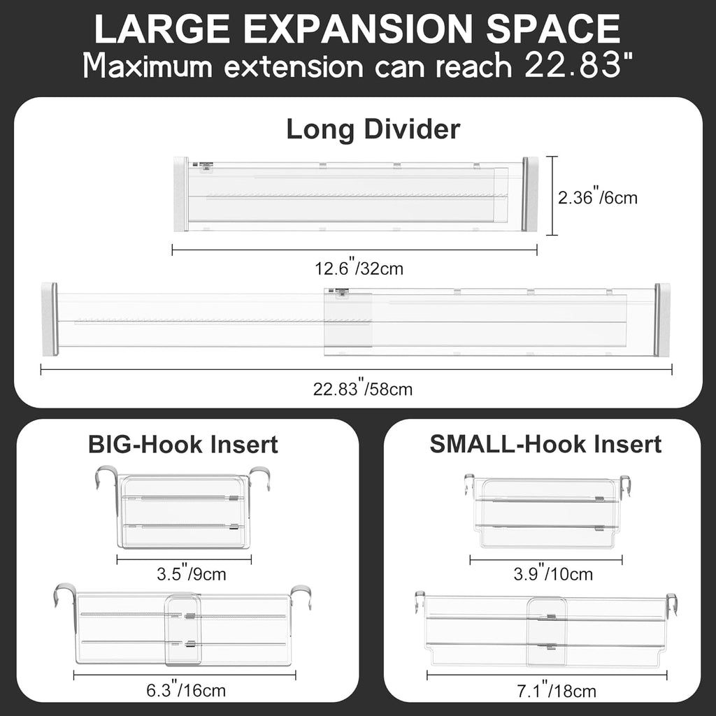 HiYZ Expandable Drawer Dividers with Inserts - 2.36'' High Adjustable Drawer Organizers Separators for Kitchen, Bedroom, Dresser, Office, 8 Long Dividers(12.6-22.8'') with 16 Inserts(3.9-7.1'')-Clear