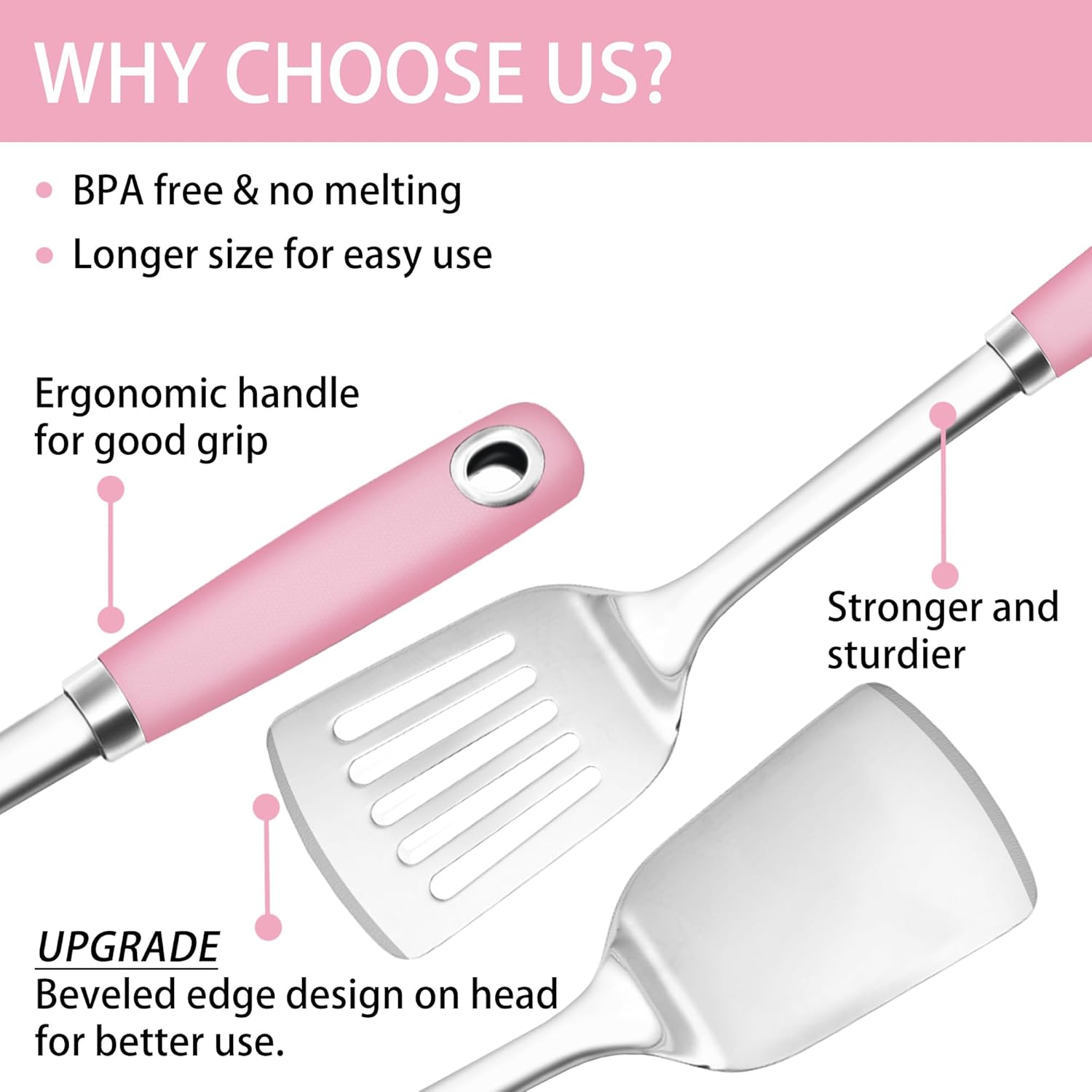 14.3-in Pink Spatula Set, 18/0 Stianless Steel Heavy Duty Turner & Slotted Spatula, Kitchen Cooking Utensils Set, High Heat Resistant, Grilling Frying Serving Food, Pack of 2