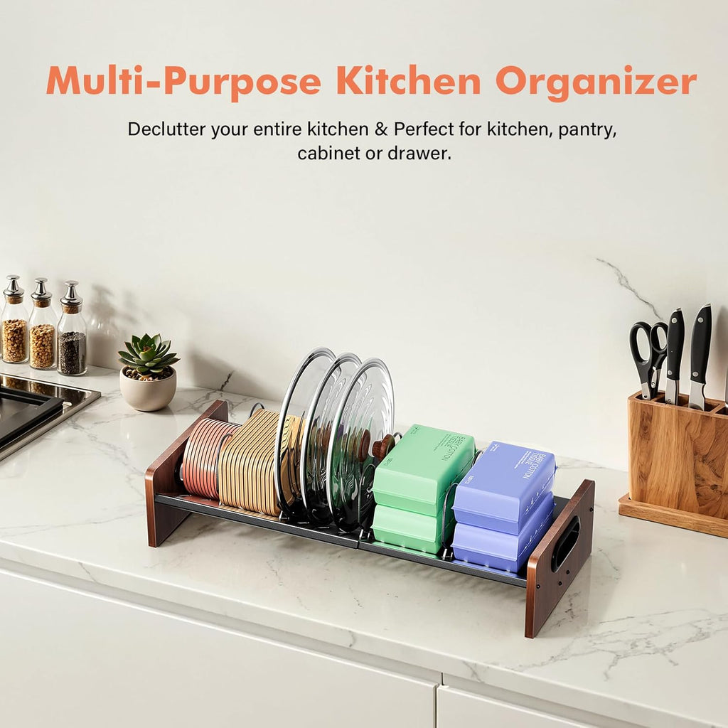 Expandable Food Container Lid Holder Organizer, Adjustable 13.97-22 Inch V-Shaped Kitchen Cabinet Storage Rack with 20 Slots & 6 Adjustable Dividers for Lids, Cutting Boards, Baking Pans