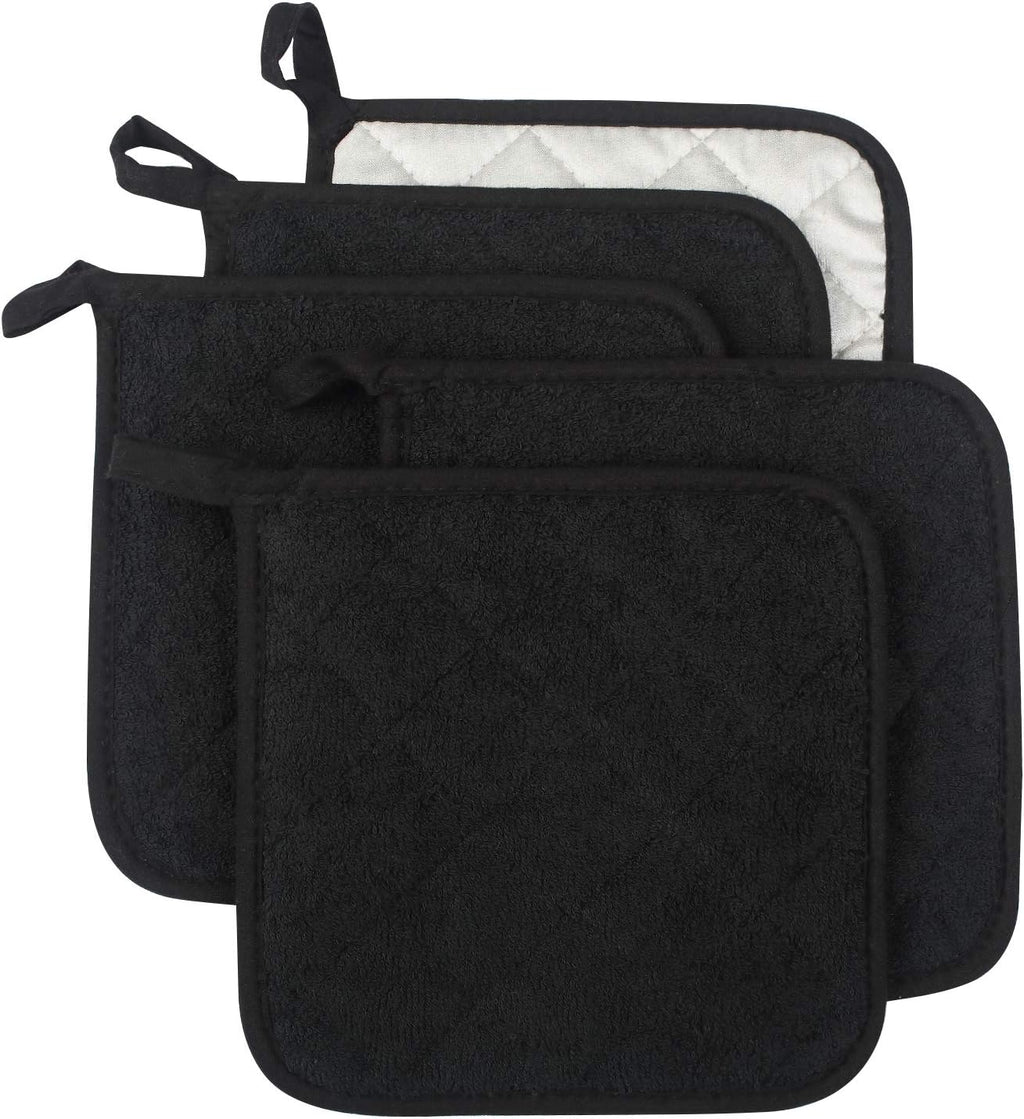 100% Cotton Kitchen Everyday Basic Terry Pot Holder Heat Resistant Coaster Potholder for Cooking and Baking Set of 5 Black