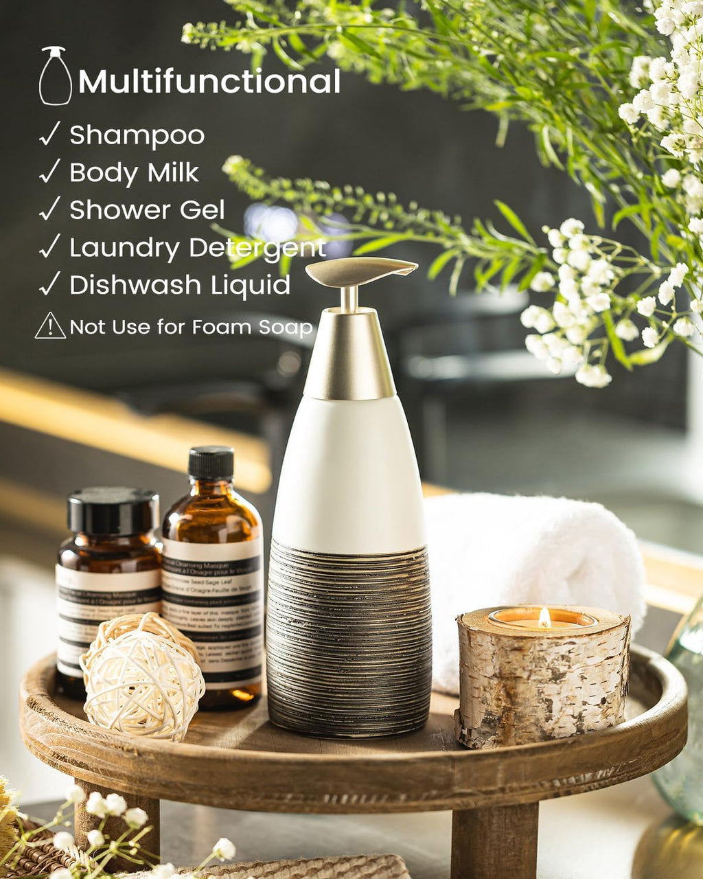 Dish Soap Dispenser Ceramic Liquid Dispenser for Bathroom Hand Soap Bottle with Pump, 12oz Refillable Liquid Bottle for Body Wash, Shower Gel, White