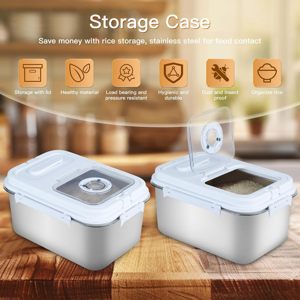 Saim Rice Storage Container Bin, 20lb Stainless Steel Food Storage Containers with Silicone Lid, Measuring Cup, Spoon, Rice Dispenser for Flour, Sugar,and Baking Supplies