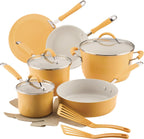 Rachael Ray Cucina Ceramic Cookware Set - 13 Pieces - Ceramic Pots and Pans Set w/Nonstick Frying Pans, Saute Pan, Saucepans, Stockpot, Lids, Pan Protectors & Cooking Utensils - Turmeric