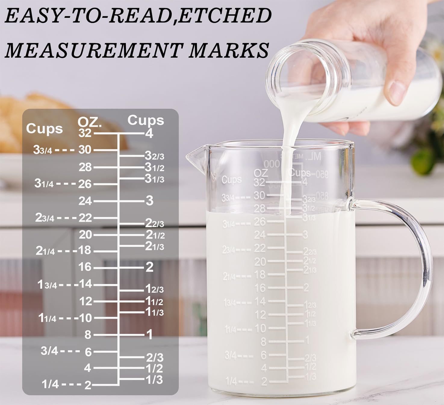 Ackers Etched Graduated Glass Measuring Cup - [Insulated Handle | V-Shaped Spout] - High Borosilicate Glass Measuring Cup for Kitchen or Dining, Easy to Read,1000 ML (32 Oz, 4 Cup)