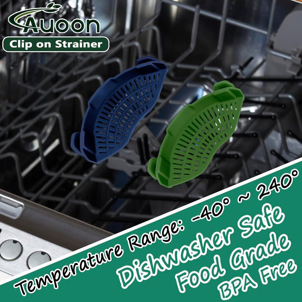 AUOON Silicone Clip on Strainer - Adjustable Strainers and Colanders for All Pots Pans and Bowls | Practical Kitchen Gadgets for Cooking and Draining (Matcha)