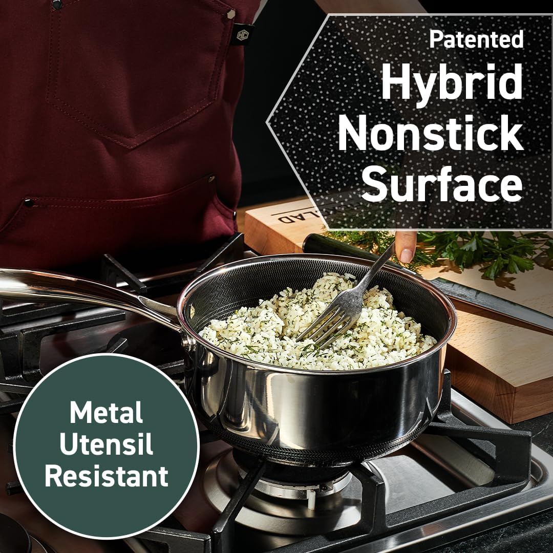 HexClad Hybrid Nonstick 1-Quart Saucepan with Tempered Glass Lid, Stay-Cool Handle, Dishwasher-Friendly, Oven-Safe Up to 900°F, Induction Ready, Compatible with All Cooktops