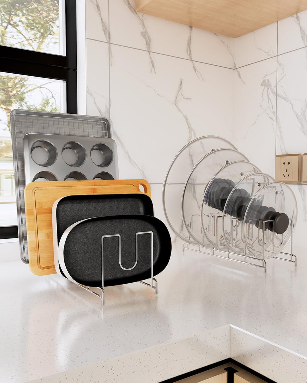 YQh 2 pack, pot cover rack, cutting board rack, kitchen cabinet or counter baking tray storage box, suitable for baking tray, cutting board, Frying pan, tray, reusable containers and covers