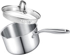 1.5 Quart Stainless Steel Saucepan with Glass Strainer Lid, Thicken Tri-ply Full Body, Multipurpose Sauce Pot with Two-Size Drainage Holes Lid, Perfect For Boiling Gravies, Pasta, Noodles