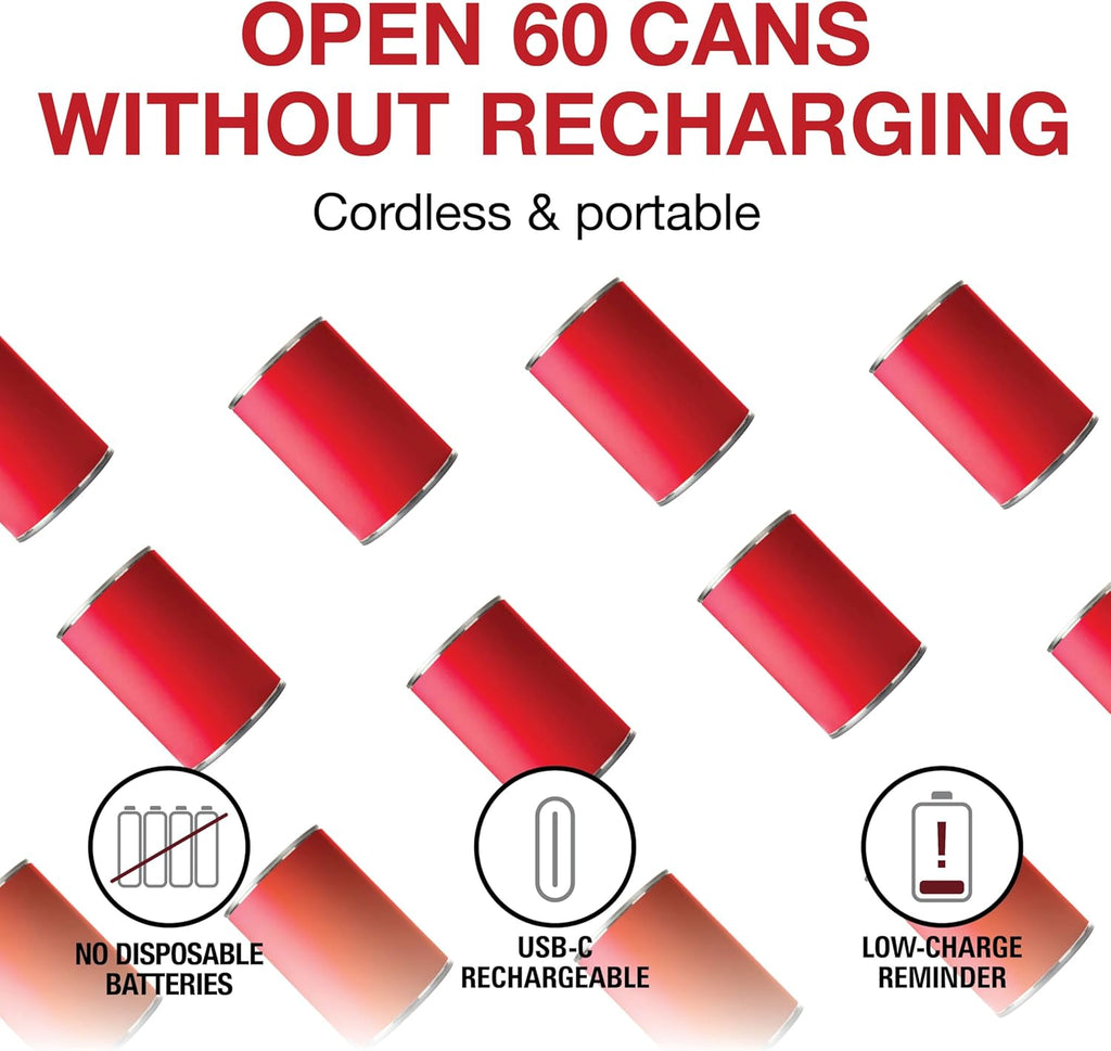 Proctor Silex Automatic Electric Can Opener, Hands Free Cordless Operation & USB Rechargeable, Self-Aligning, Cut Smooth Touch Lid Edges, Compact and Easy to Store, Red