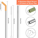 Tomorotec 6PCS Stainless Steel Straws with Silicone Tips Fit for Stanley 40oz Tumbler, 13-Inch Reusable Straw Set with Colorful Extenders & 2 Brushes, Compatible with Wide Mouth Cups (Dark Morandi)