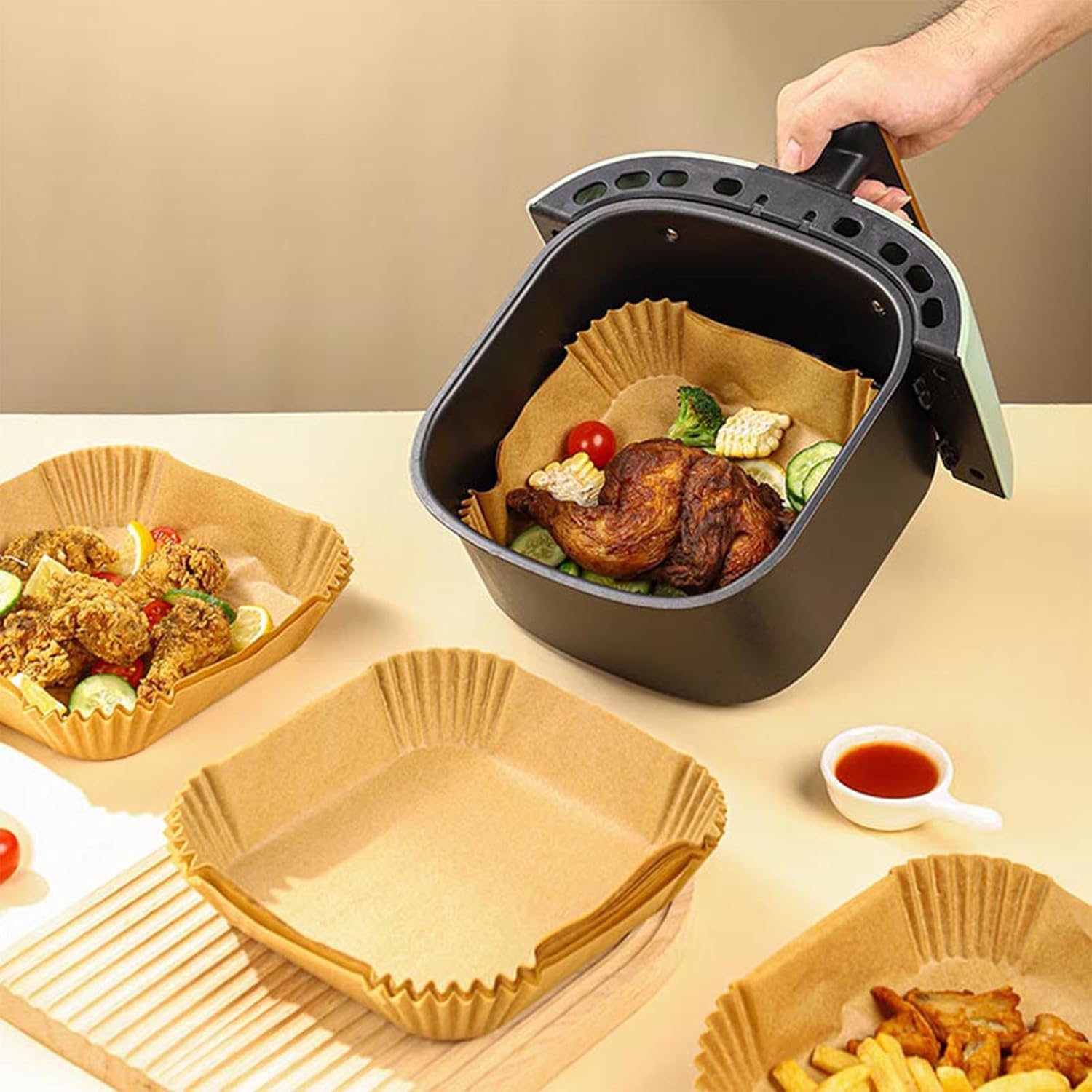 Air Fryer Paper Liners, 100PCS Square Parchment Paper, Air Fryer Disposable Paper Liner, 8 Inch Non-Stick & Oil-proof Air Fryer Liners for 5-8 QT Air Fryers, Microwave
