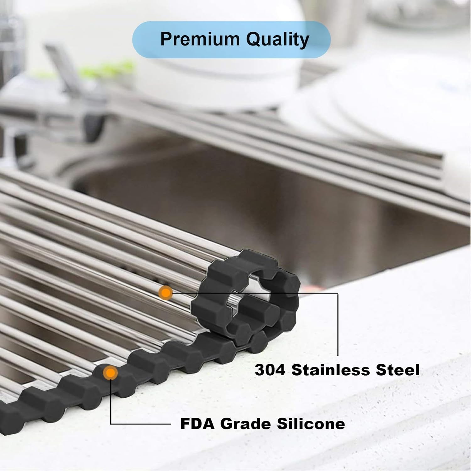 Searik Roll up Dish Drying Rack, Over The Sink Rolling Dish Drainer Rack Multipurpose Foldable Kitchen Stainless Steel Dish Rack Sink Drying Rack for Kitchen Sink Counter (17"x 15.7")
