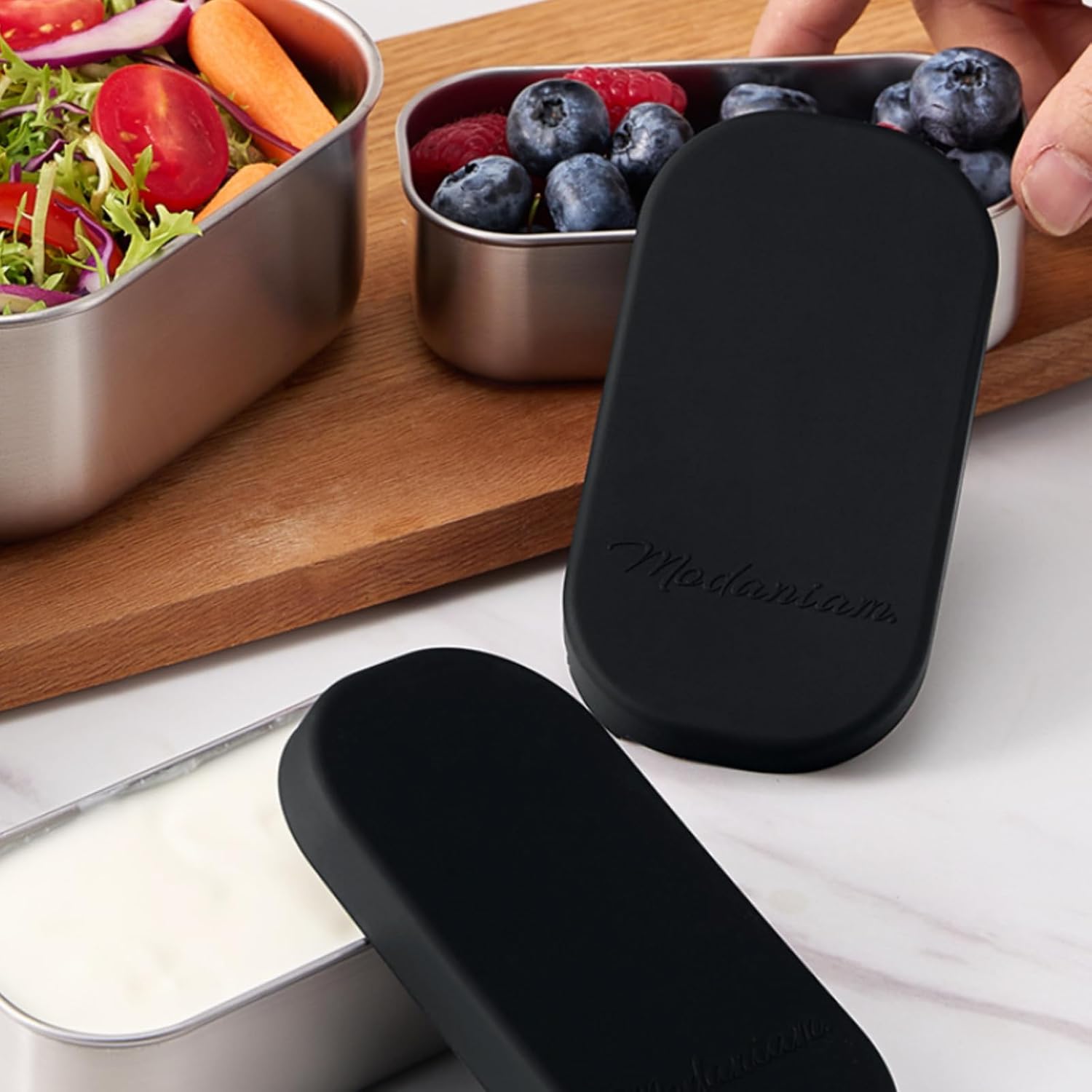Flexibento - 2 x 6.5 oz | Leak proof | Small Stainless steel Snack Containers with Silicone lids|Dip, snacks, condimenrs | Plastic and BPA free | Metal Lunch box | Black (set of 2)