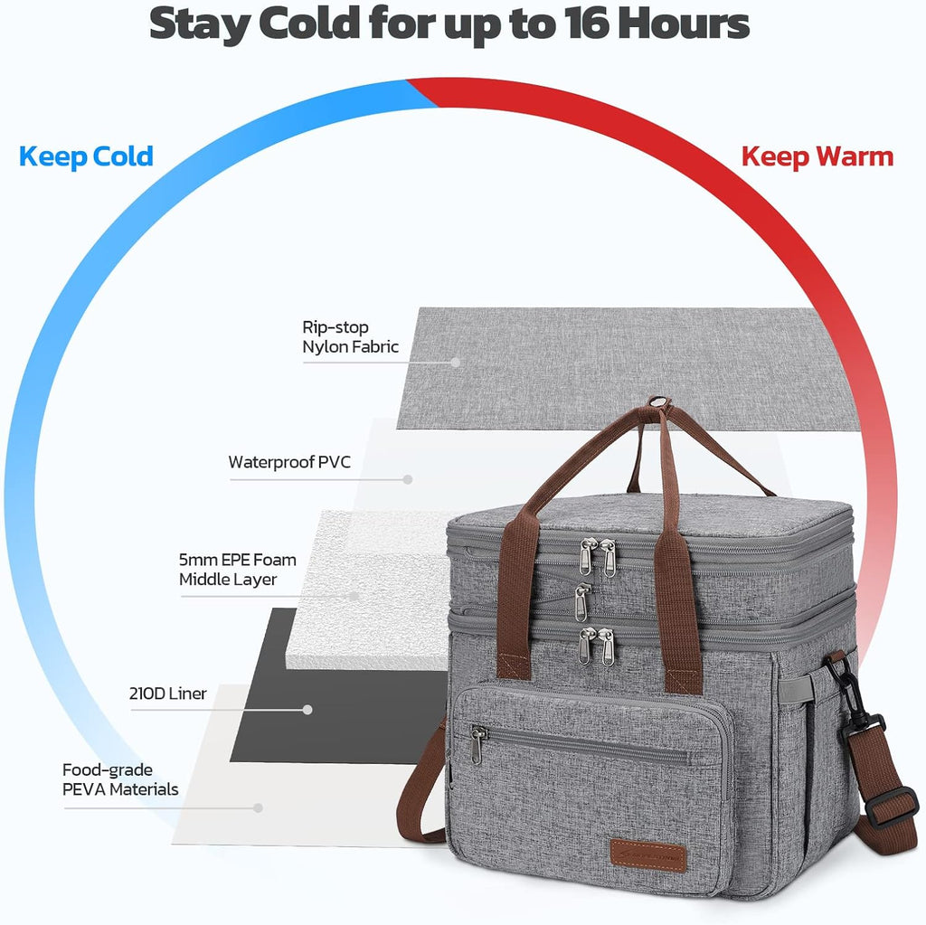 Maelstrom 23L Insulated Lunch Box For Men Women,Expandable Double Deck Lunch Cooler Bag,Lightweight Leakproof Tote Bag With Side Tissue Pocket,Gray