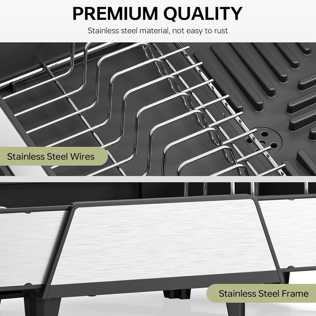 Triple Expandable Dish Drying Rack, Extra Large Dish Rack for Kitchen Counter, Stainless Steel Dish Drying Rack, Foldable Dishes Drainer, Extendable Dish Strainer with Utensil & Pans Holder, Black