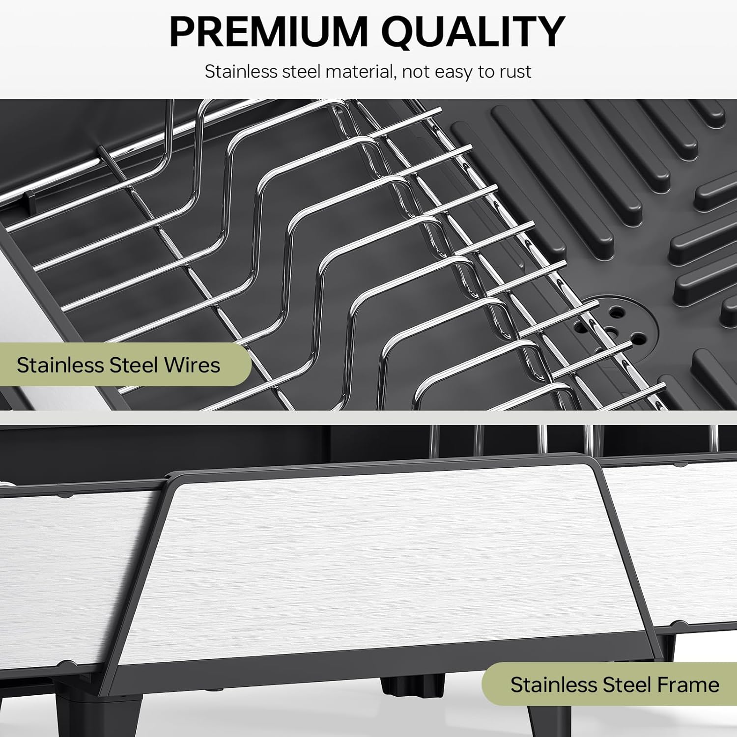 Triple Expandable Dish Drying Rack, Extra Large Dish Rack for Kitchen Counter, Stainless Steel Dish Drying Rack, Foldable Dishes Drainer, Extendable Dish Strainer with Utensil & Pans Holder, Black