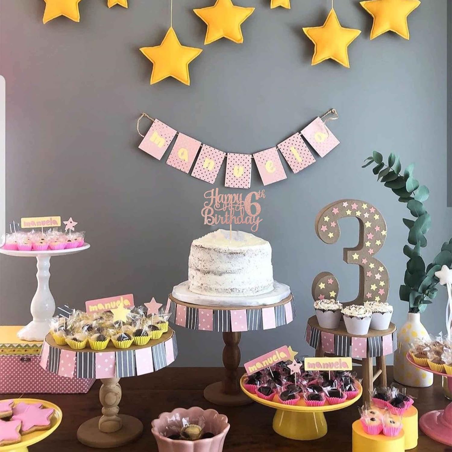1 PCS Happy 6th Birthday Cake Topper - Glitter Cheers to 6 Years - Fabulous Cake Decoration for 6th Birthday Theme Party - Rose Gold
