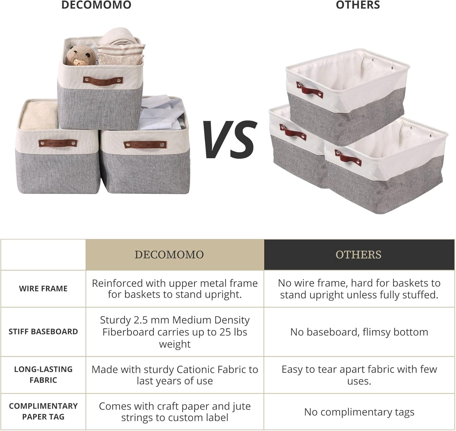 DECOMOMO Storage Baskets for Shelves - Fabric Storage Bins, Linen Closet Organizers and Storage (Grey & White, Large - 4 Pack)