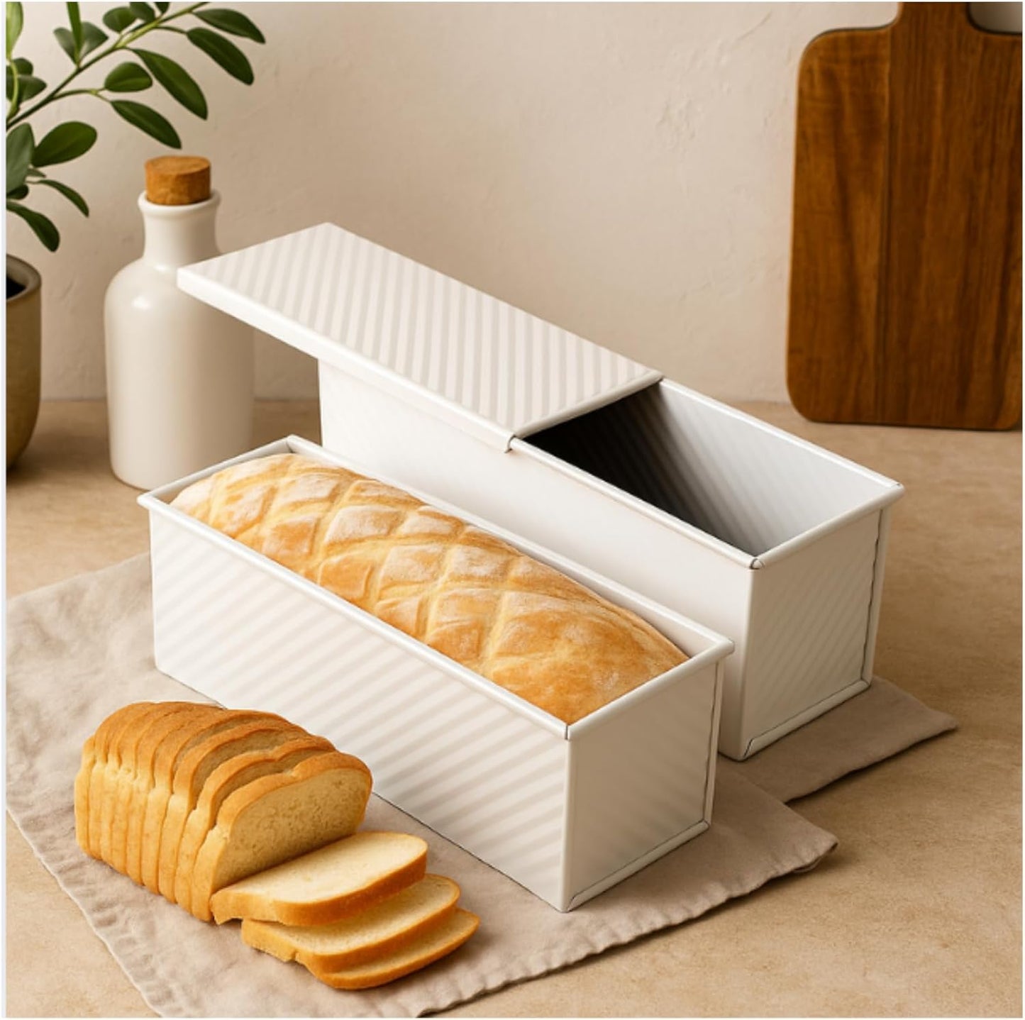 2-Pack Beige Pullman Loaf Pan with Lid, Long Nonstick Bread Pan for Toast & Sandwich Bread, Cream White Nonstick Loaf Pan, 3 Vented Holes & Ridged Design, Great for Baking Lovers and Home Use