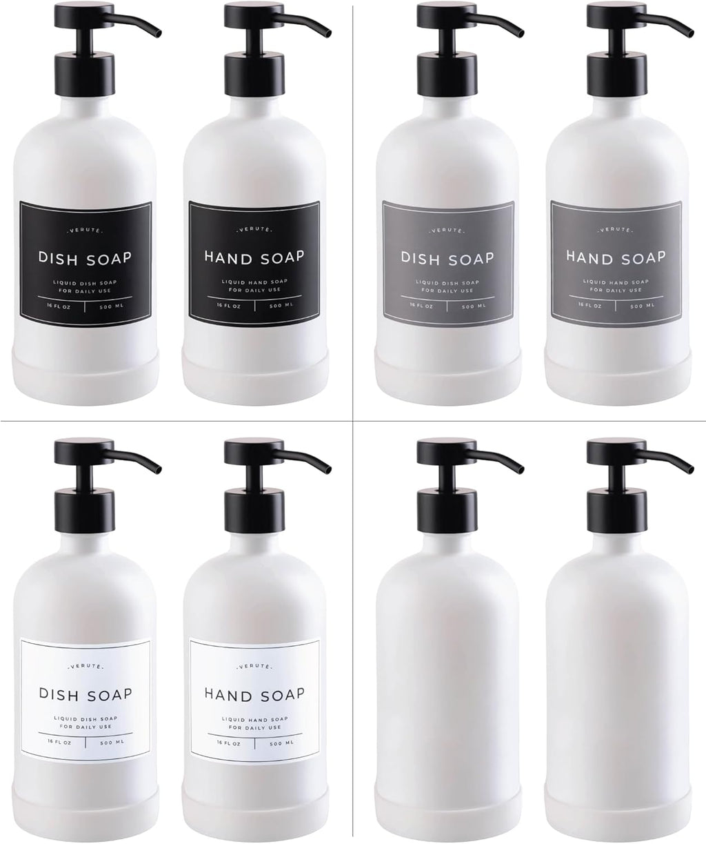16oz Glass Soap Dispenser with Stainless Steel Pump, 21 Waterproof Labels, Non-Slip Protective Silicone Pad, Set of 2 for Bathroom & Kitchen (Matte White Bottle/Black Pump)