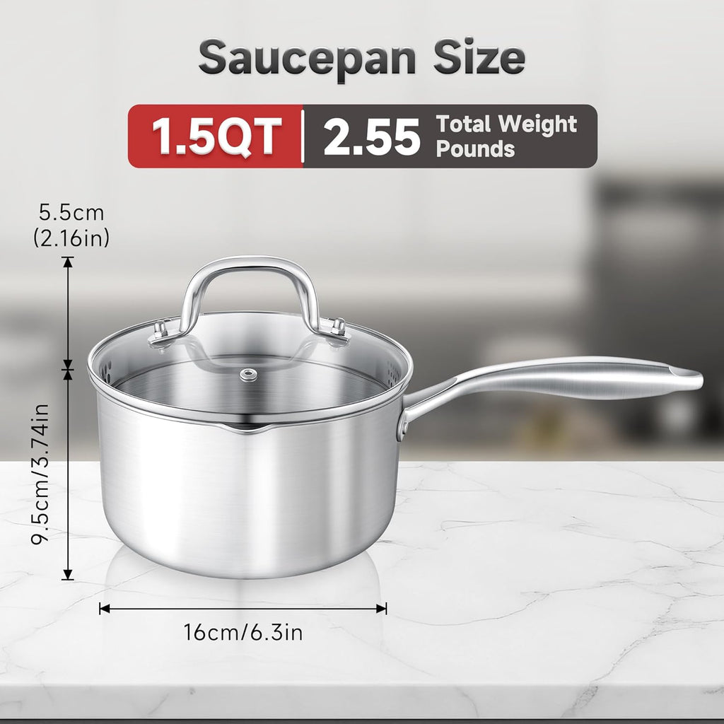 1.5 Quart Stainless Steel Saucepan with Glass Strainer Lid, Thicken Tri-ply Full Body, Multipurpose Sauce Pot with Two-Size Drainage Holes Lid, Perfect For Boiling Gravies, Pasta, Noodles