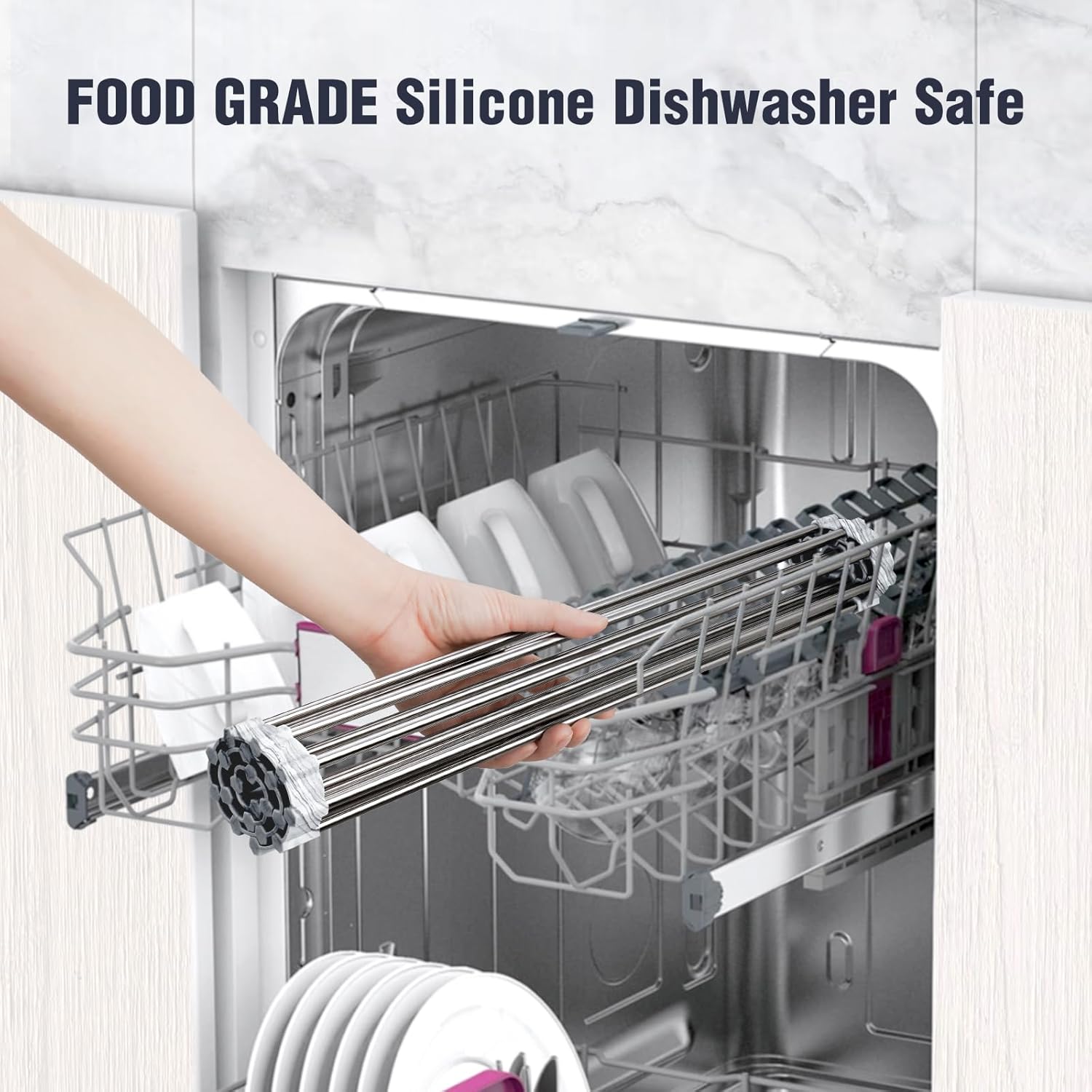 Tomorotec Stainless Steel Roll-Up Dish Drying Rack Marble Color Silicone Edges, Foldable Kitchen Rack Heat Resistant Trivet Supports up to 70 lbs, Food Safe for Dishes, Cookware & More