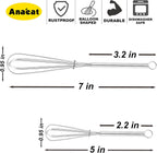 Anaeat Mini Wire Whisks, Set of 2 Portable Stainless Steel Kitchen Tiny Whisk & Egg Beater with Thick Wire - Sturdy Small Mixing Balloon for Cooking, Blending, Whiping, Beating and Stirring (5" + 7")