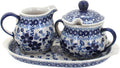 Blue Rose Polish Pottery Vintage Blue Daisy Sugar & Creamer with Tray