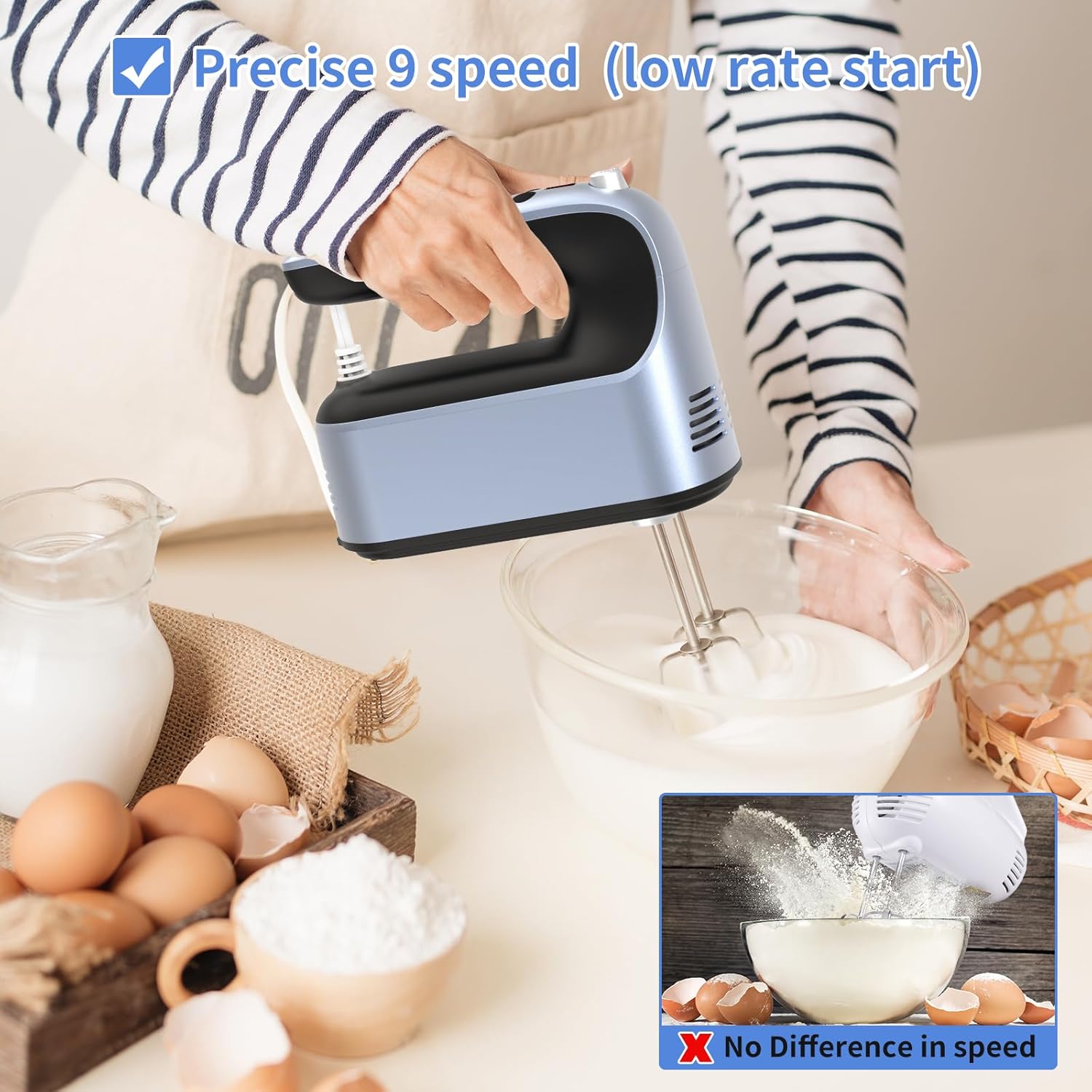 9-Speed Digital Hand Mixer Electric, 400W Powerful DC Motor, Baking Mixer Handheld with Snap-On Storage Case, 5 Stainless Steel Accessories, Flat Beaters, Dough Hooks, Whisk (Ocean Blue)