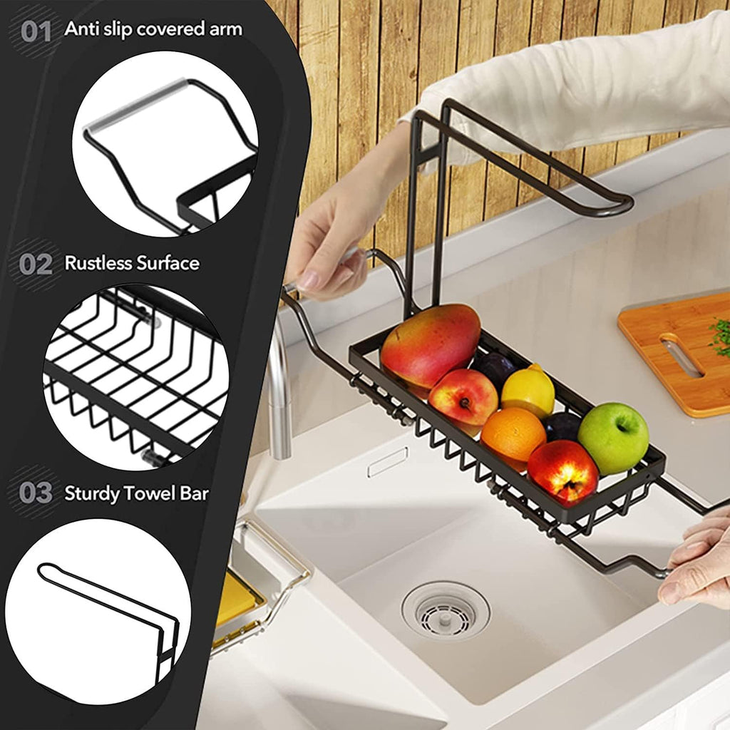 Sponge Holder for Kitchen Sink Caddy, Stainless Steel Telescopic Sink Storage Rack Holder, Expandable (16.7"-21.5") Kitchen Sink Organizer Drying Rack with Soap Dishcloth Towel Holder (Black)