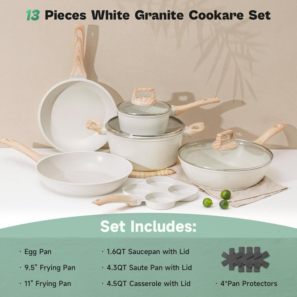 13 Pcs Pots and Pans Set, Nonstick Cookware Sets White Granite Induction Cookware, Non-toxic Healthy Non stick Kitchen Cooking Set with Frying Pans Set, Saucepans (PFAS/PFOA/PFOS Free)