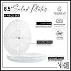 Vikko Salad Plate, Set of 4 Glass Plates, 8.5 Inch Dessert, Salad, Appetizer Plate, Elegant Textured Glass Design, Stackable Plates, Dishwasher Safe
