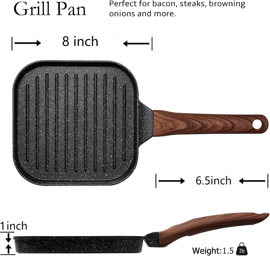 ESLITE LIFE 7 Inch Nonstick Small Grill Pan for Indoor Cooking, Versatile Induction Square Grilling Skillet Steak Pan for Stove Tops, PTFE & PFOA Free, Black