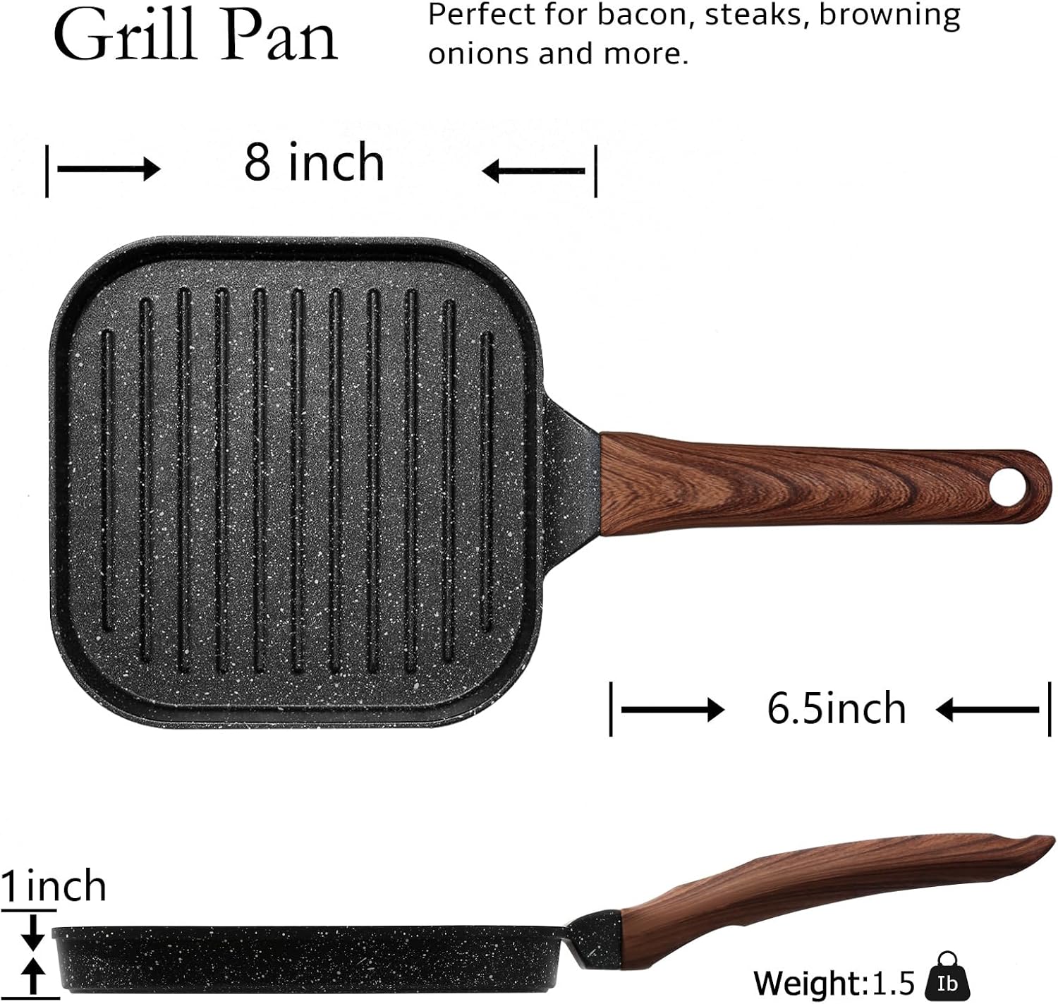 ESLITE LIFE 7 Inch Nonstick Small Grill Pan for Indoor Cooking, Versatile Induction Square Grilling Skillet Steak Pan for Stove Tops, PTFE & PFOA Free, Black