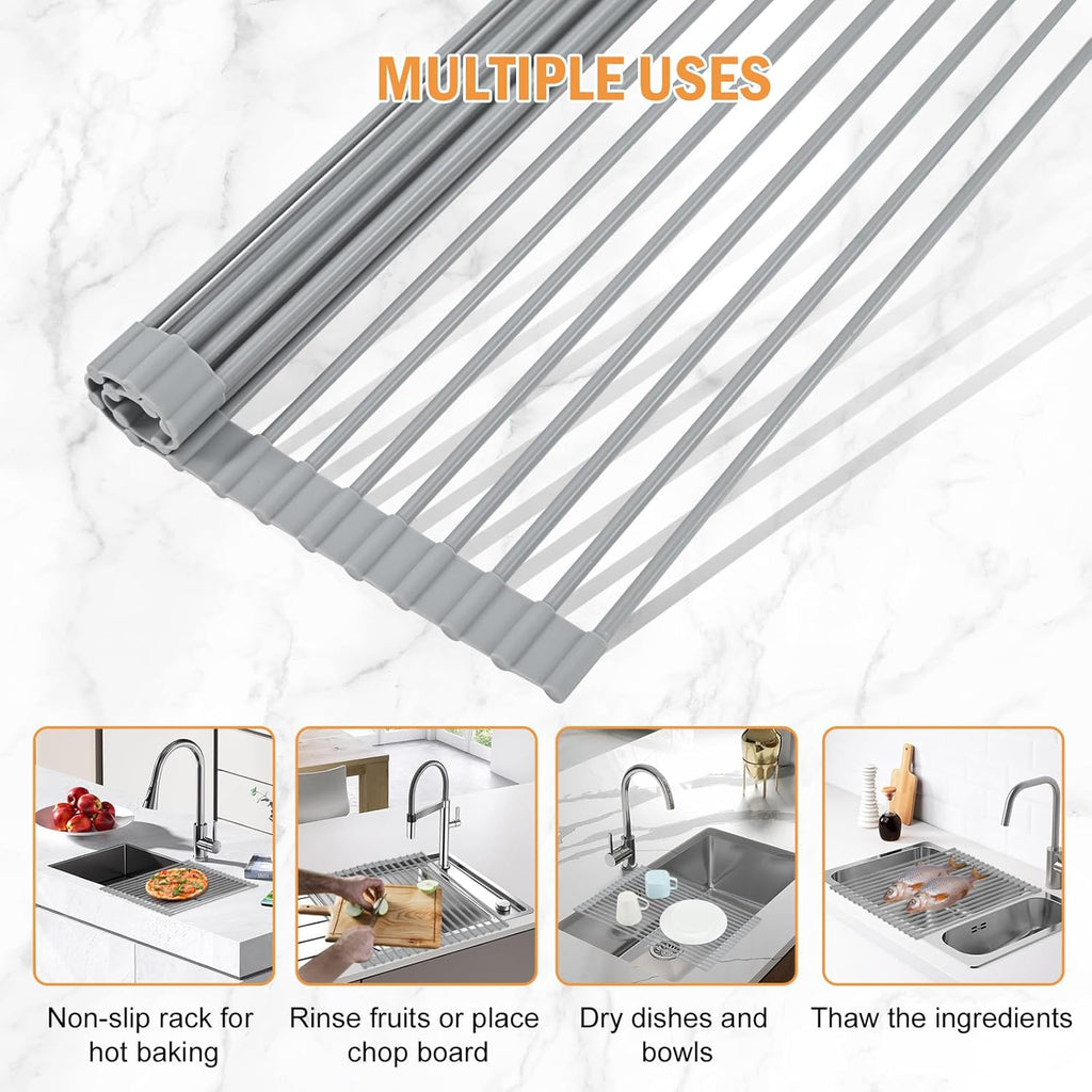 LEMIKKLE Roll Up Dish Drying Rack 17" x 13", Over The Sink Dish Drainer Rack, Foldable Sink Drying Rack, Anti-Slip Silicone Wrapped Dish Drainer for Kitchen Counter (Grey 17" x 13")