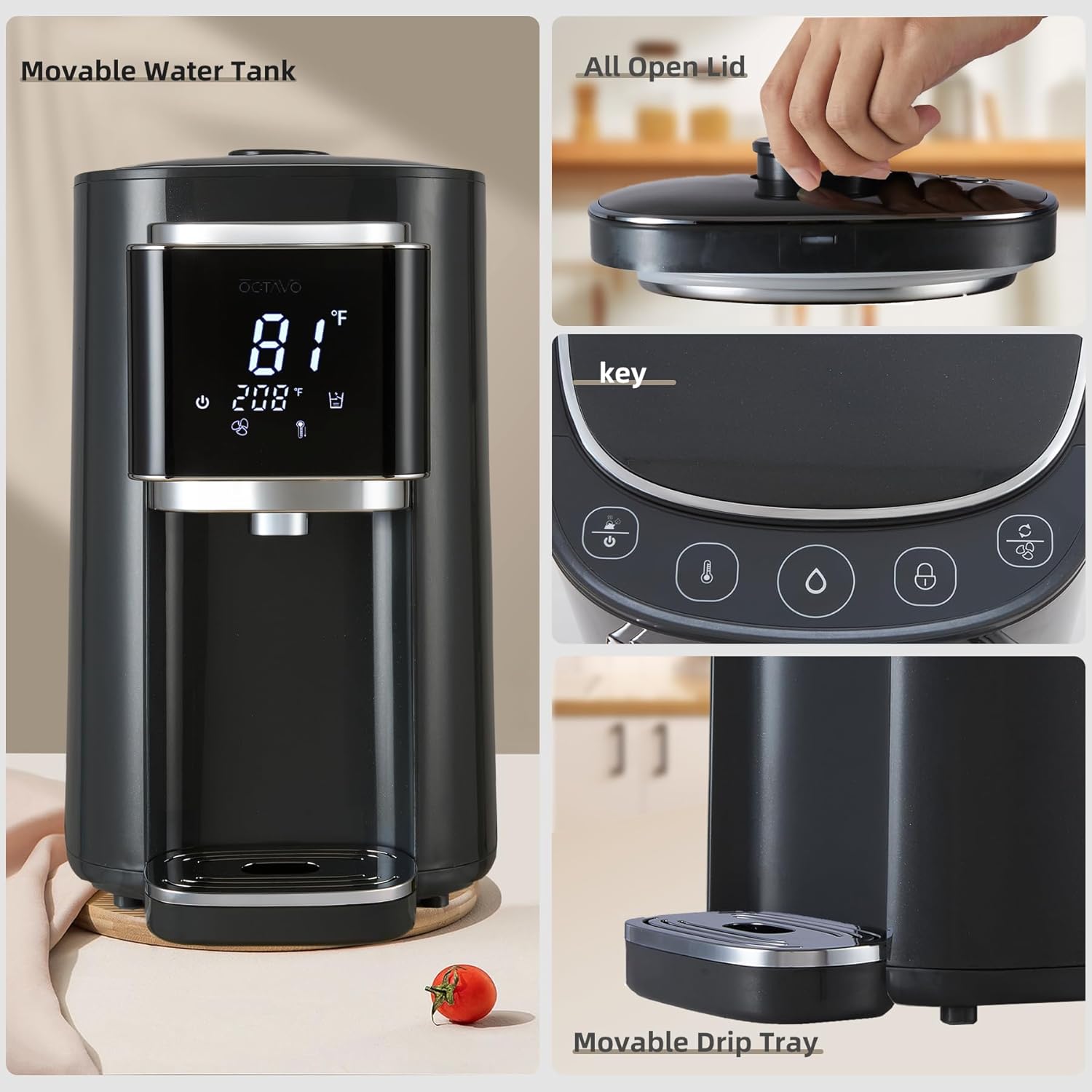 OCTAVO Water Boiler & Warmer 5 Liter, 304 Stainless Steel Water Tank, 700 Watt 6 Adjustable Water Temperature, LCD Touch Control Screen, Child Lock with Water Shortage Indicator