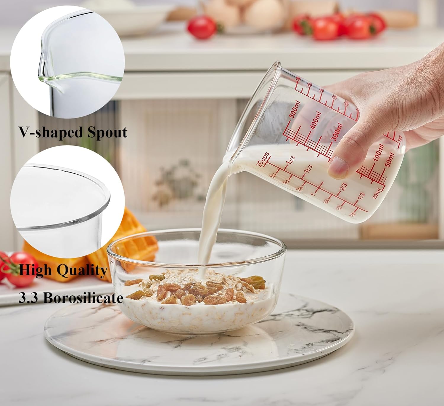 3 Piece Glass Measuring Cup Set, Includes 1/2-Cup, 1-Cup, and 2-Cup High Borosilicate Glasss Liquid Measuring Cups, Dishwasher, Freezer, Microwave, and Preheated Oven Safe, Essential Kitchen Tools