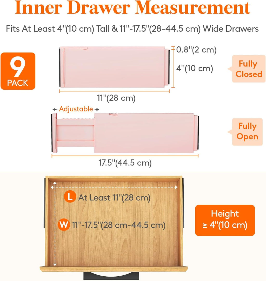 Lifewit 9 Pack Drawer Dividers 4" High, 11-17" Adjustable Drawer Organizers for Clothes, Expandable Dresser Separators in Bedroom/Bathroom/Kitchen/Fridge/Office Organization and Storage, Pink