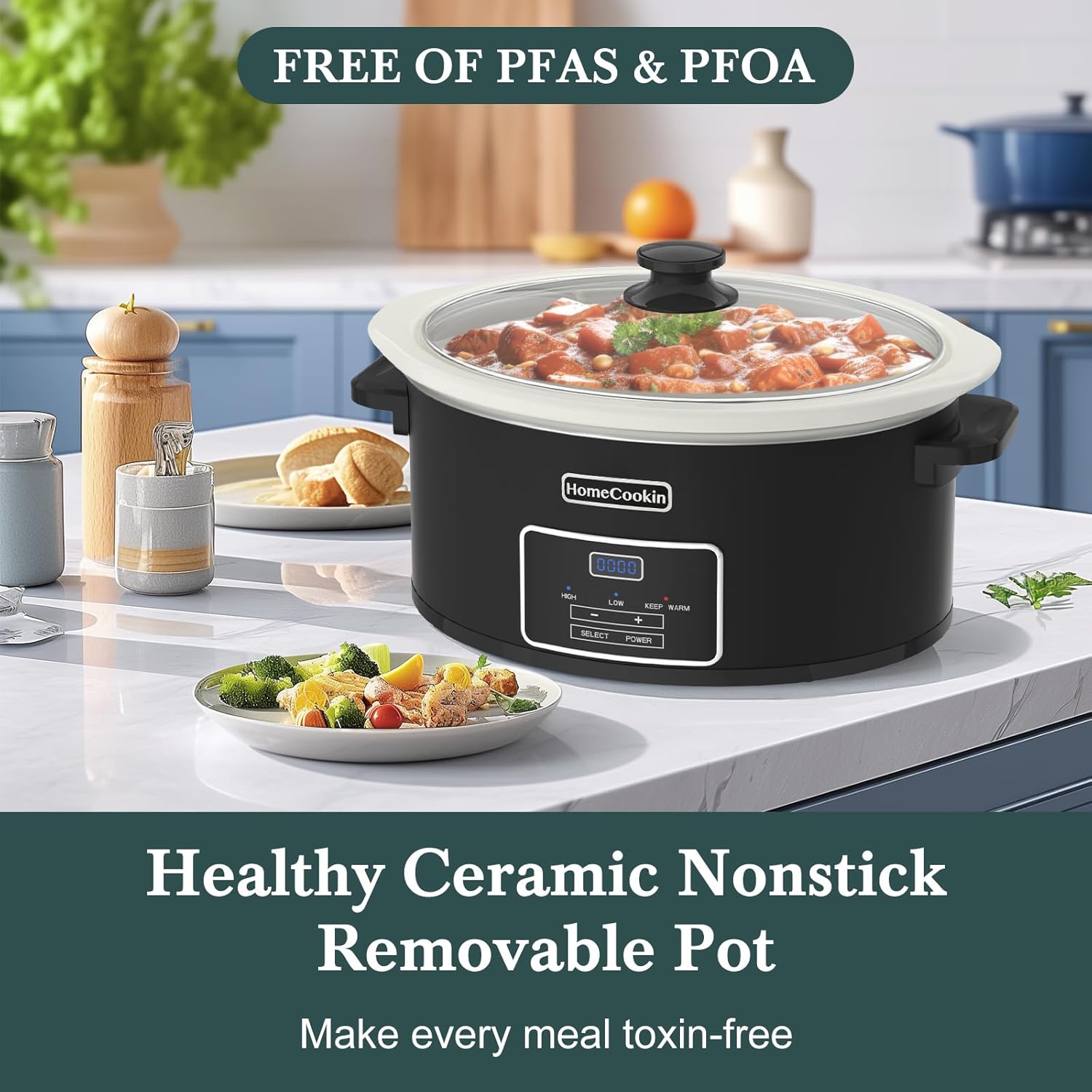 HOMECOOKIN 8-Quart Programmable Slow Cooker with Timer Keep Warm - Small Kitchen Appliance for Family Dinners - Serves 6+ People (Black)