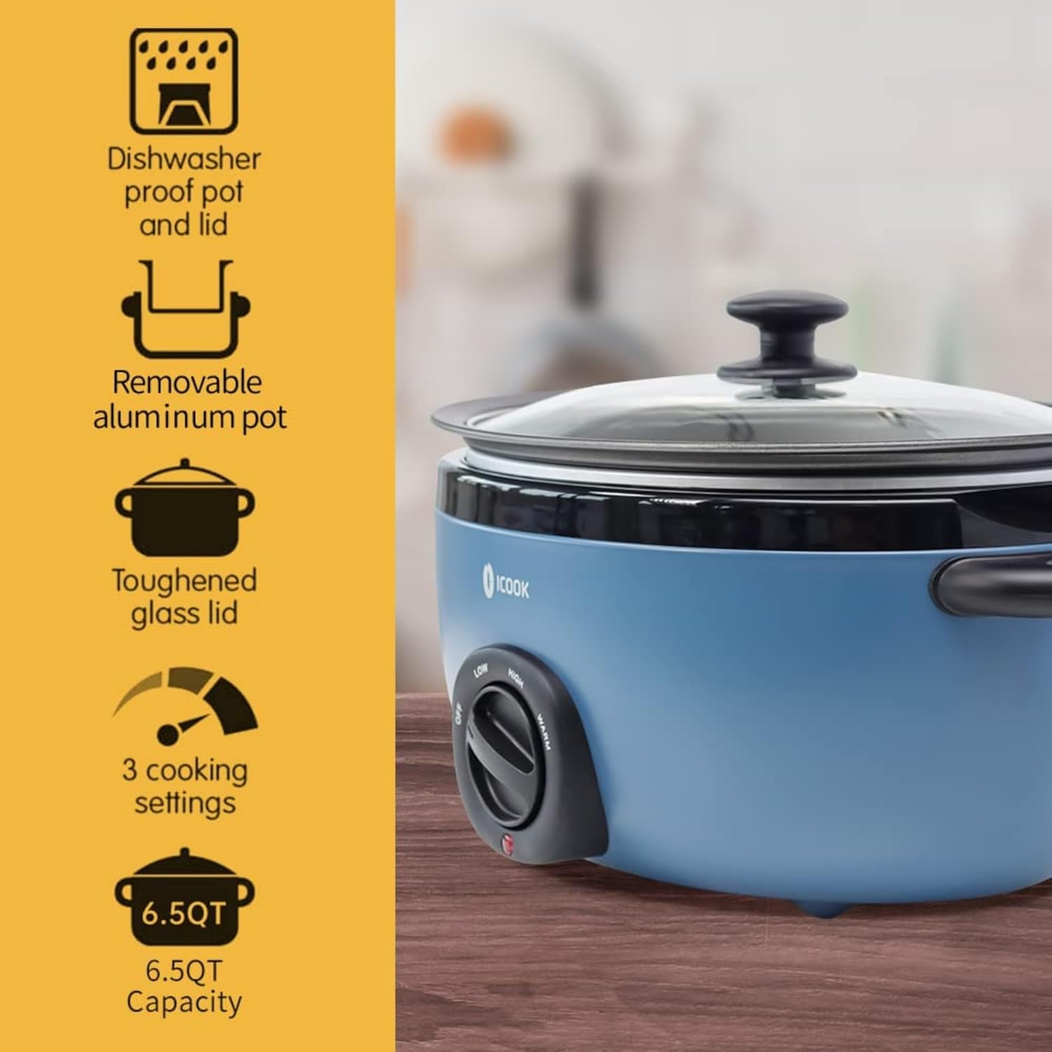 ICOOK 6.5 Quart Slow Cooker, Simmer Pot with Transparent Glass Cover, Cooks Entrees, Adjustable Temp, Sauces, Soups, Roasts, Stews and Dips (Bule)